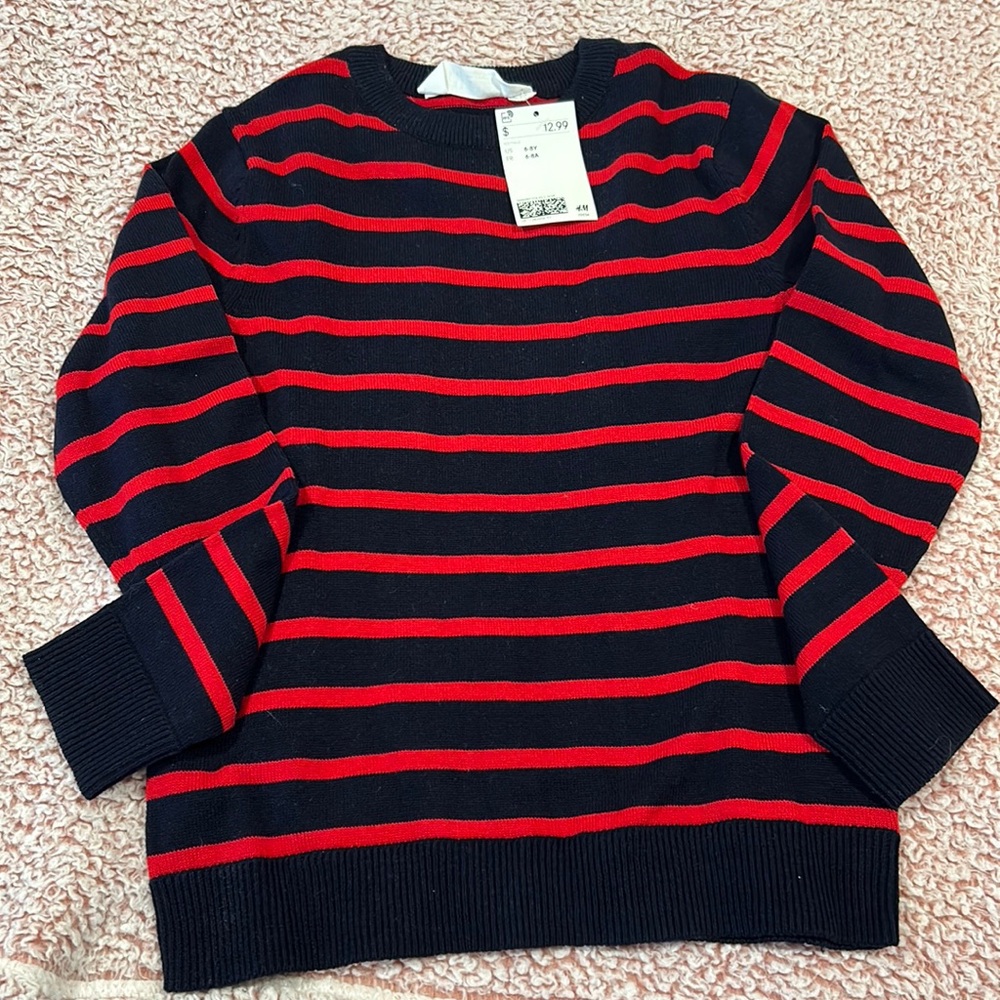 H&M light weight sweater, size youth 6-8, color navy blue and red striped